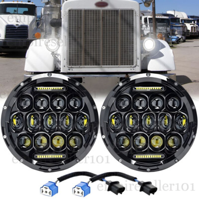 Pair DOT 7'' Round LED Headlights Halo DRL Hi-Lo Beam Fit Peterbilt 379 359 Truck