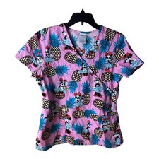 Disney Minnie Mouse Scrub Top Women  s Small 100 Cotton Pink Pineapple Hawaiian