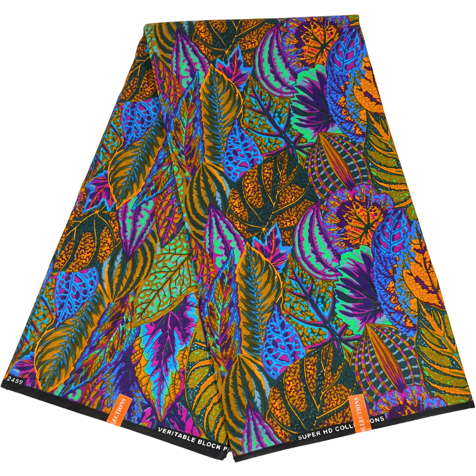 Tela africana azul púrpura naranja ankara patios con estampado de hojas 100 % material algodón
