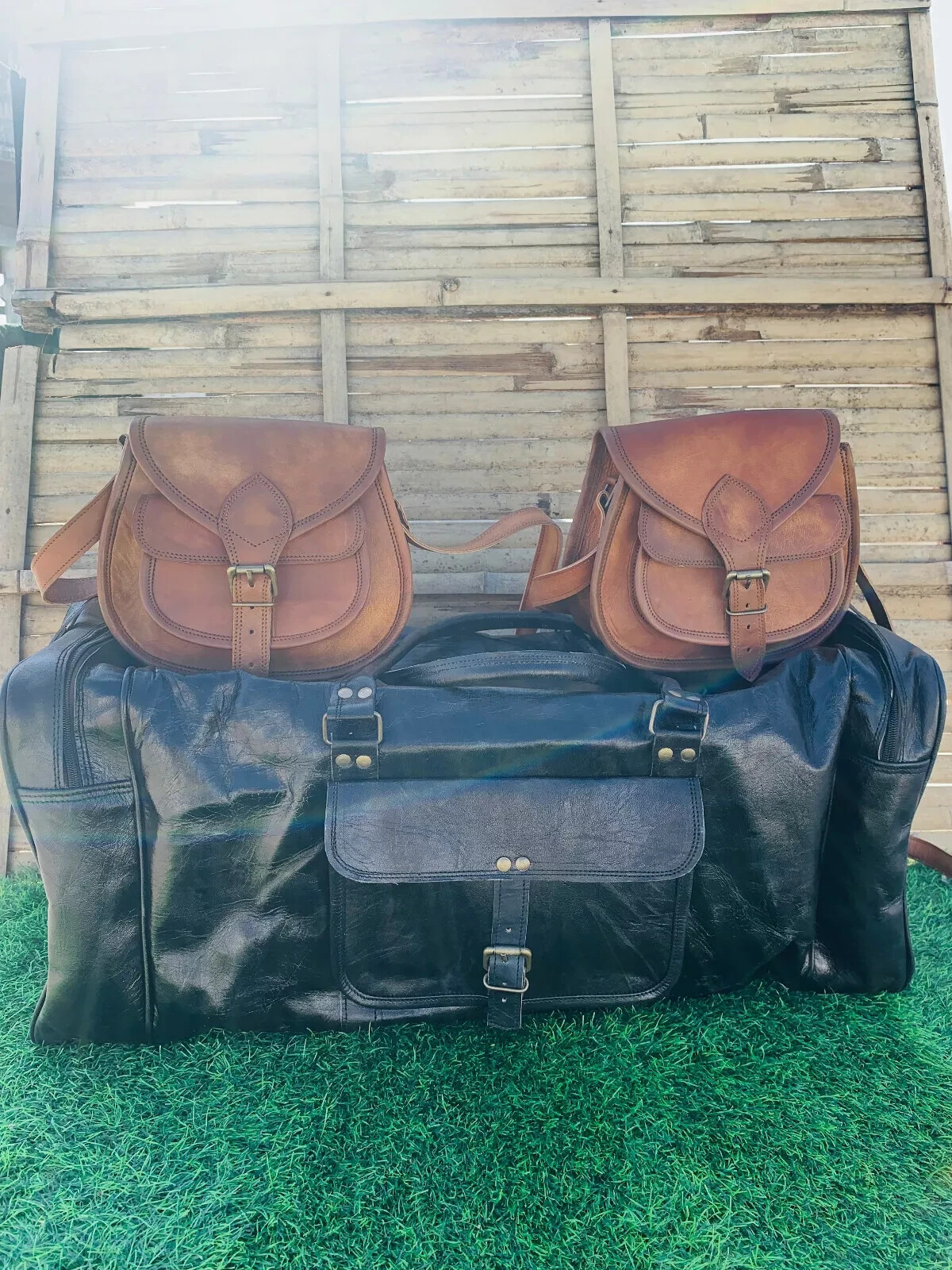 Vintage Black Genuine Leather Duffel Gym Bag for Men - 3-in-1 Luggage-image