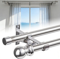 Double Curtain Poles, 2.5 Cm Heavy Duty Double Window Rods 76-218 Cm Adjustable