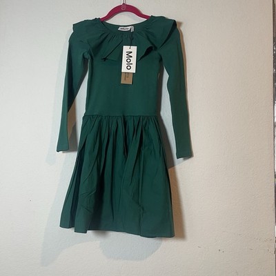 Molo Cille Girls Dress 9-10Y Green Organic Cotton Ruffle NWT