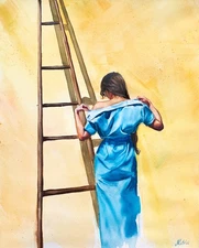 Lady in Lazur Dress by the Ladder – Watercolor on Paper