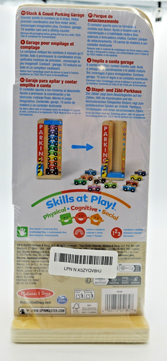 Melissa & Doug Gioco Impilabile In Legno 'Stack & Count Parking Garage' - Parcheggio Con 10 Auto E Contatore A Discesa Per Imparare A Contare E Abbinare I Numeri.