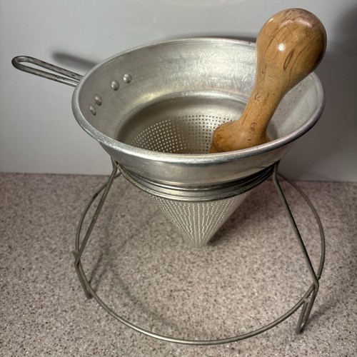 Vintage Aluminum Cone Colander Strainer Sieve w/ Wood Pestle And Wire Base - Picture 2 of 10