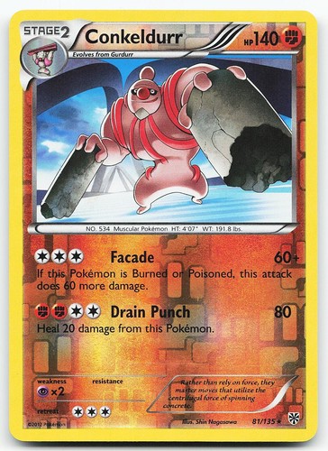 Pokemon Conkeldurr 81/135 Plasma Storm Rare Reverse Holo NM
