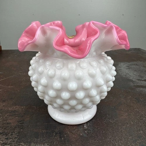 Vtg FENTON Pink & White Milk Glass Hobnail Peach Blow Ruffle Top 4 1/2" Vase