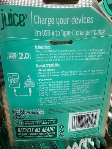 Juice New USB Type-C 2meter Charge & Sync Cable USB-C Black iPhone 15 + Samsung - 第 1/6 張圖片