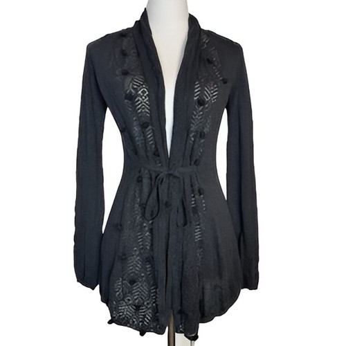 Knitted & Knotted Sweater M Silk  Bobble Femme Knit Pom Pom Cardigan Grey Lace - Afbeelding 1 van 8
