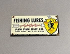 VINTAGE 12” PAW PAW FISHING LURES BAIT PORCELAIN SIGN CAR GAS TRUCK MOTORCYCLE