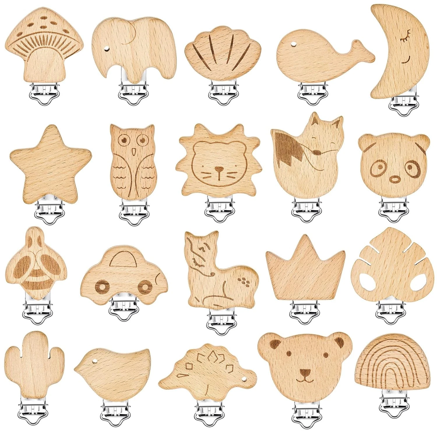 20 Pieces Wood Pacifier Clips Toy Suspender Clips Charm DIY Pacifier Holder for