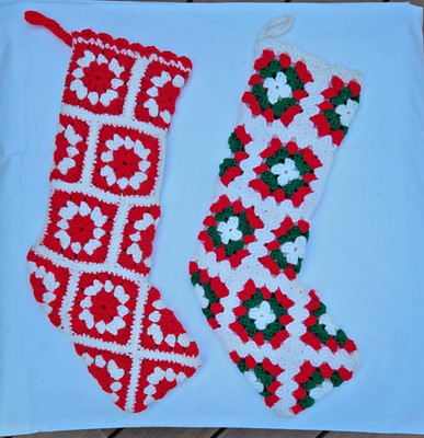 Two Vintage Hand Crocheted Granny Square Christmas Stockings
