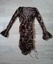 PrettyLittleThing Brown Mesh & Floral Velvet Stretch Ruched Bodycon Dress UK4