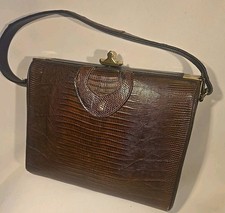 Vtg 50s60s Brown Snake Skin Leather Hardcase Top Handle Handbag Bag Purse