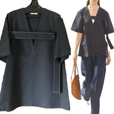 Celine Phoebe Philo 2015 Runway Navy Cotton Silk V-Neck Shirt Top 34