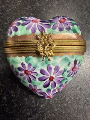Hand Painted Rochard Limoges France Heart Trinket Box Purple Floral 2 