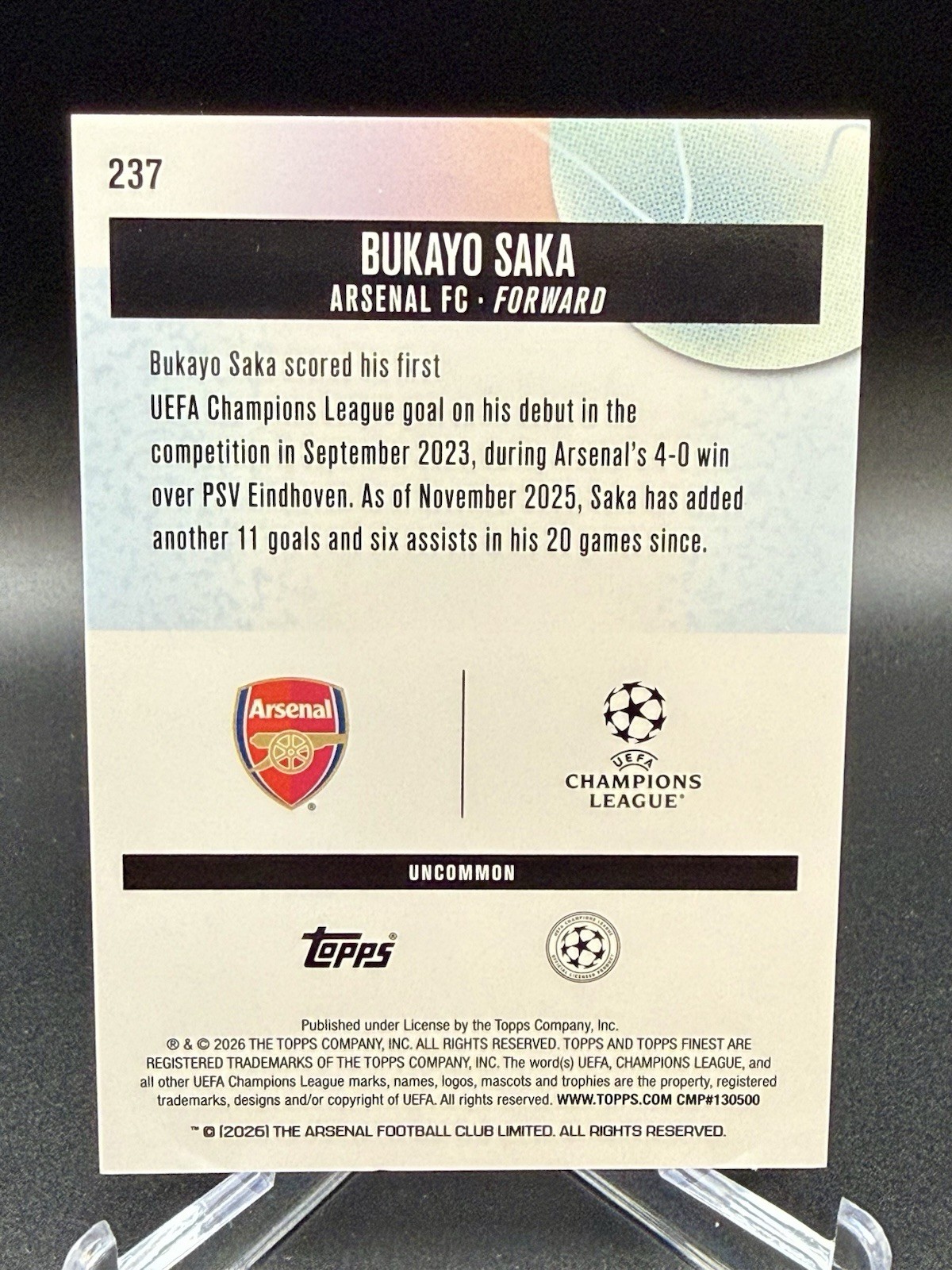 2025-26 Topps Finest UEFA 237 Bukayo Saka Arsenal FC Pearl Checkerboard 21/40 view 2