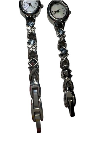 Coppia Vintage Tono Argento Blu Cielo Cristallo Quadrante Abalone Bracciale Acciaio DONNA OROLOGIO 7” - Foto 3 di 8