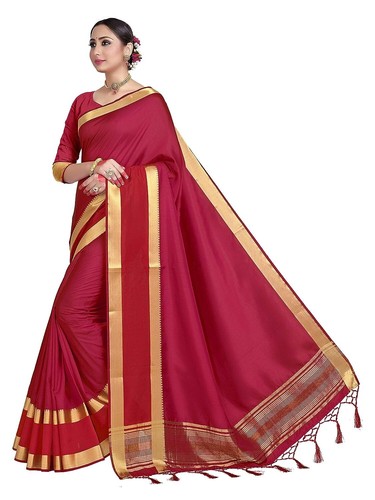 Women's Raw Silk Saree with Unstitched Blouse Piece - Zari Woven Work, Red - Picture 2 of 5
