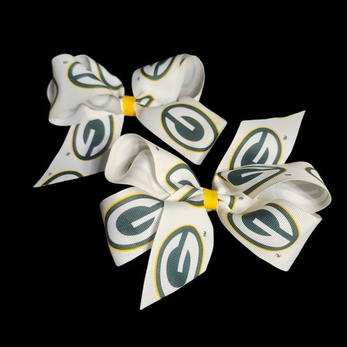 Vintage Pr of Green Bay Packers Hair Bows Metal Clip 5" 1990s NFL Fabric Ribbon - Picture 2 of 5