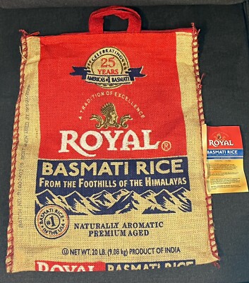 Royal Basmati Rice Bag 20lbs Burlap Handles Zipper Heavy Duty 25th Anniv No Rice