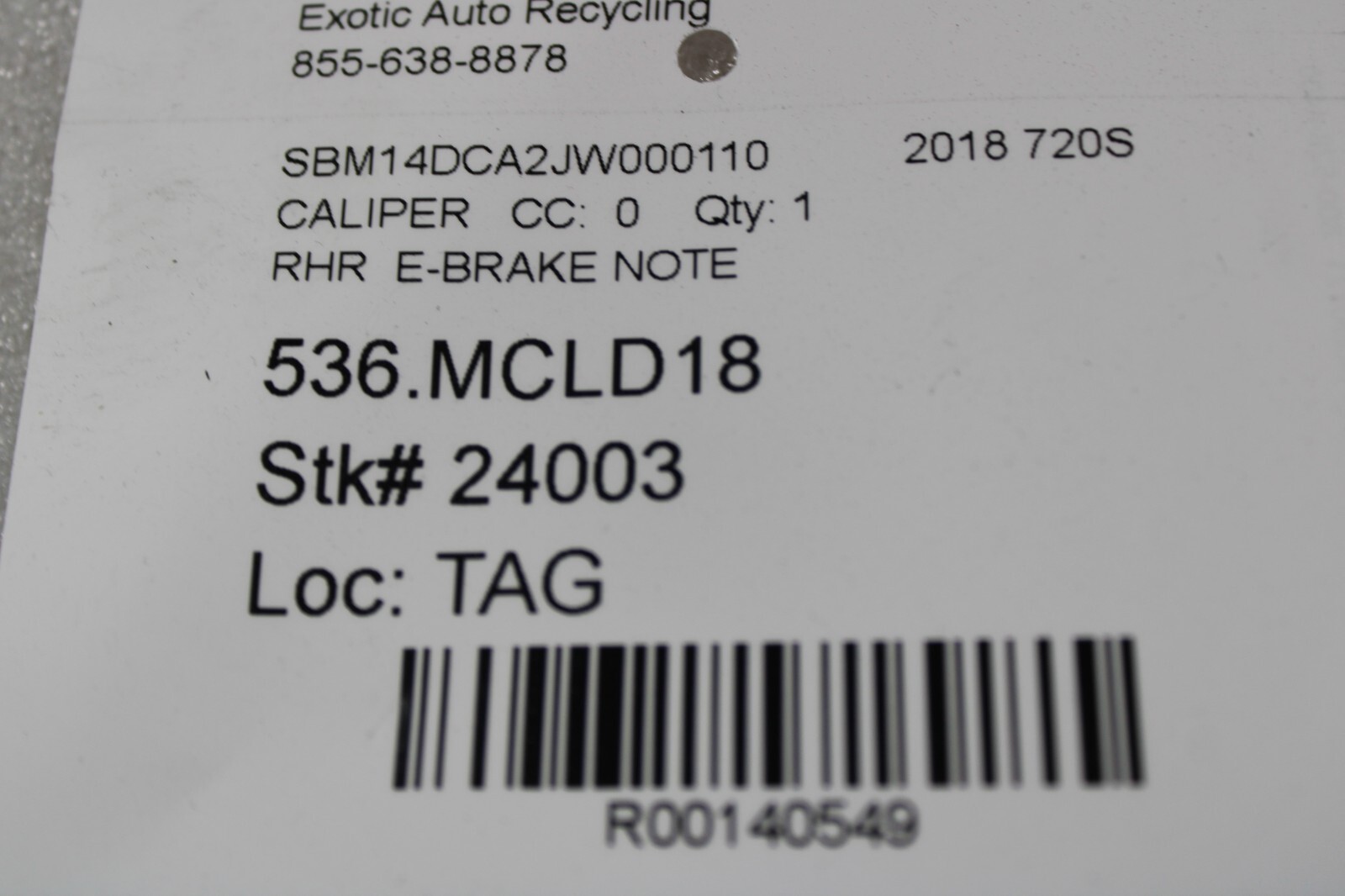 McLaren 720S, RH, Right, E-Brake Caliper, Fire Dmg, Used