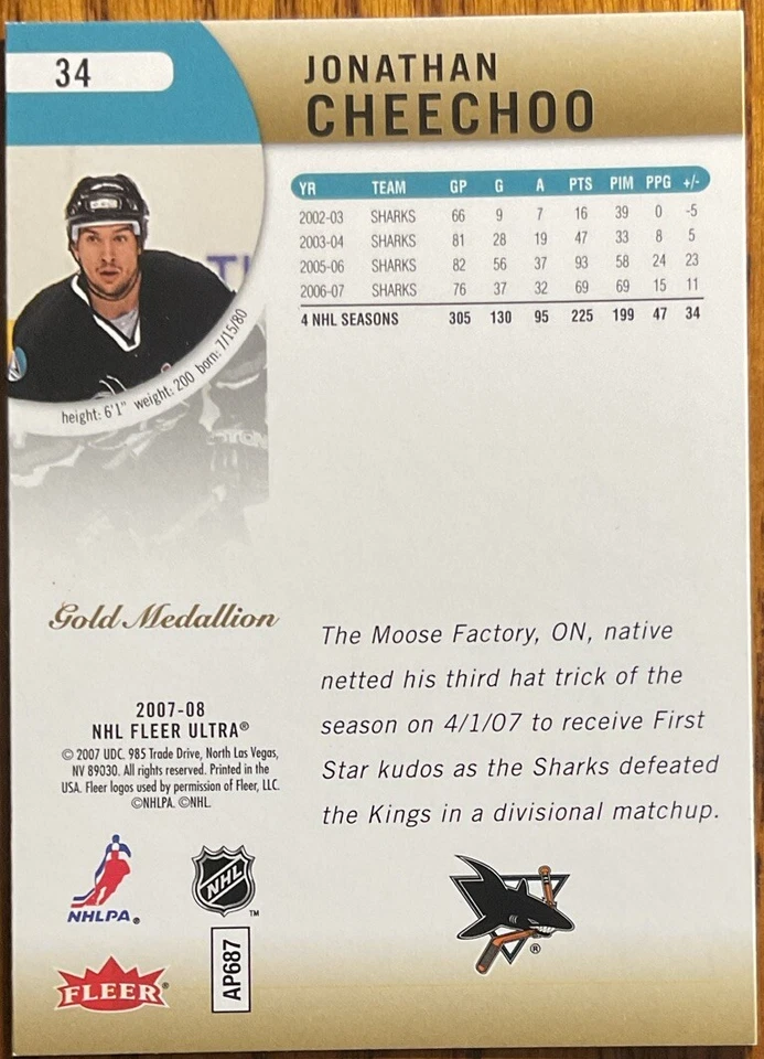 2007-08 Fleer Ultra Gold Medallion Jonathan Cheechoo #34 San Jose Sharks - Image 2 of 2