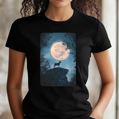 Frauen T-Shirt Ziege und Vollmond Motiv Baumwolle Größe S bis 3XL
