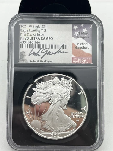 2021 W $1 Silver Eagle Landing T-2 FDOI NGC PF70 UC Michael Guadioso Signed