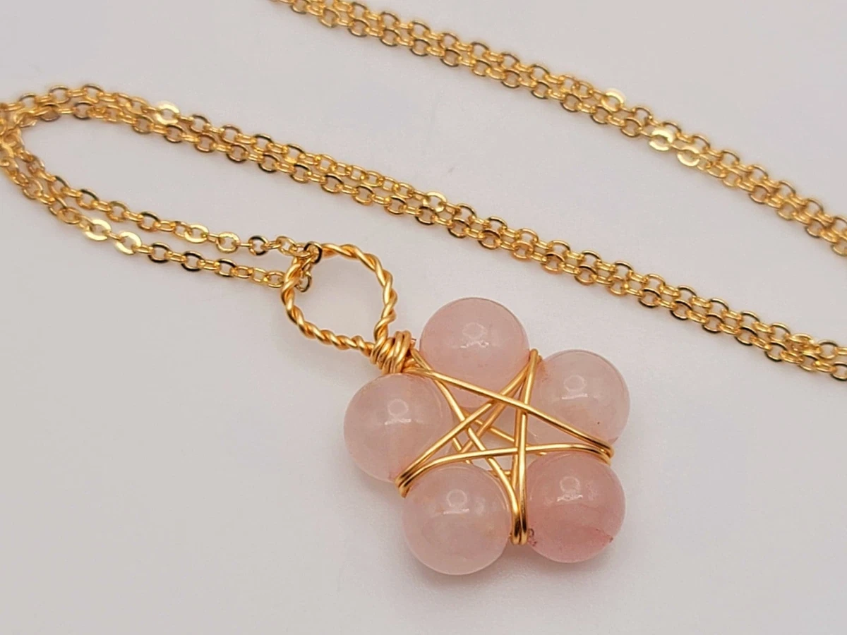 Gold Wire Wrapped Rose Quartz Healing Crystal Point Necklace Gold tone