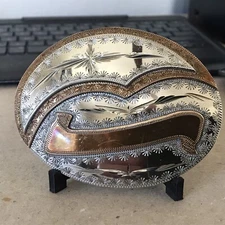 Vintage BAR-J Cowboy Cowgirl Hand Made Engraved Western Belt Buckle  ~B16~