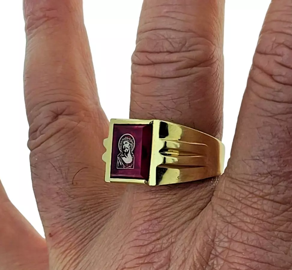 Jesus Christ Face Religion Red CZ Real 14k Gold New Men Ring 11.3