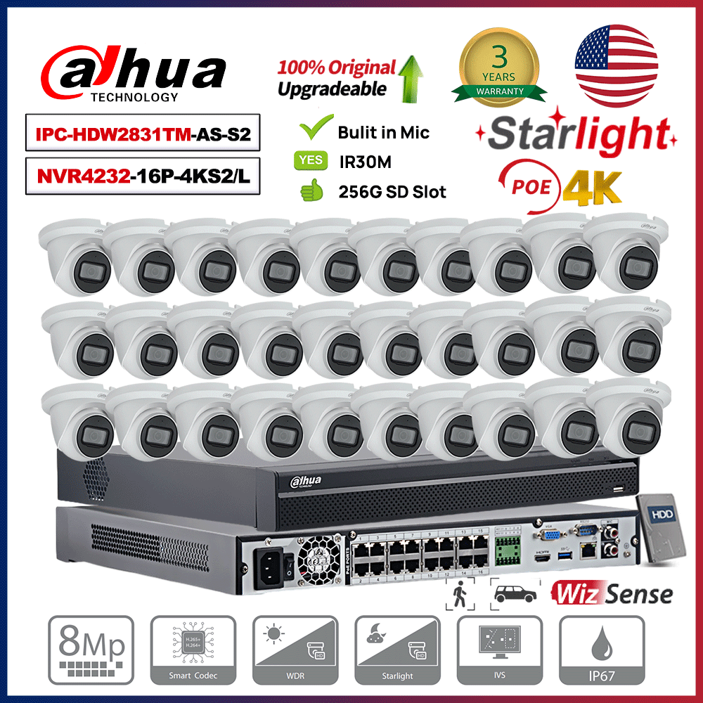 Dahua 100% Original 32CH Kit Starlight 4K 16POE 8MP MIC IP Camera SMD IVS Lot US