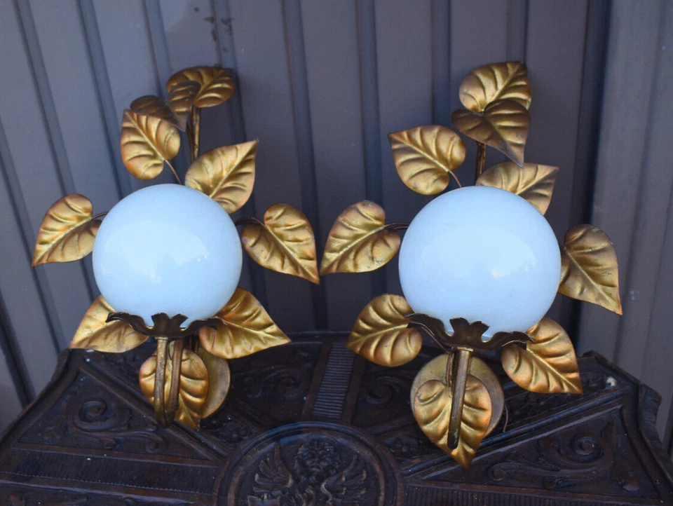 PAR apliques de pared vintage hollywood regency años 70 metal dorado blanco vidrio Foto 3 de 4