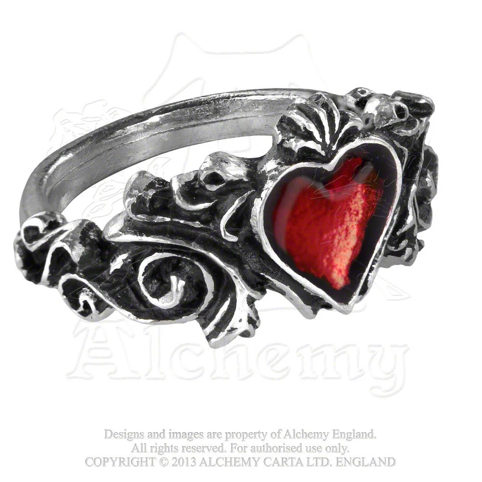 Anillo romántico de compromiso gótico de alquimia corazón rojo ornamentado peltre desplazado R134 nuevo con etiquetas Foto 3 de 4