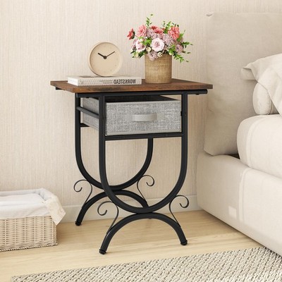 Side Table w/ Fabric Drawer Carved Metal Frame Industrial End Table Nightstand