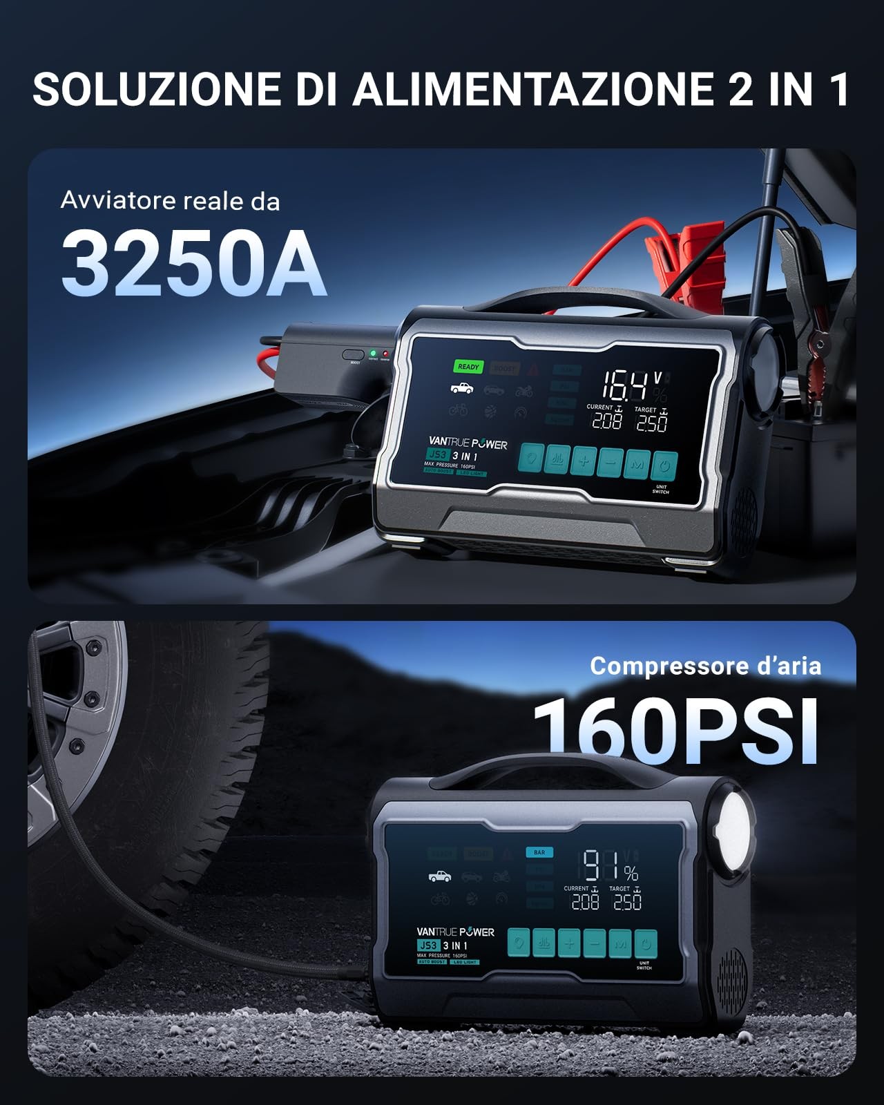 Avviatore Auto 12V con Compressore Aria 160 Psi Booster Js3 3250A - Miniatura 7