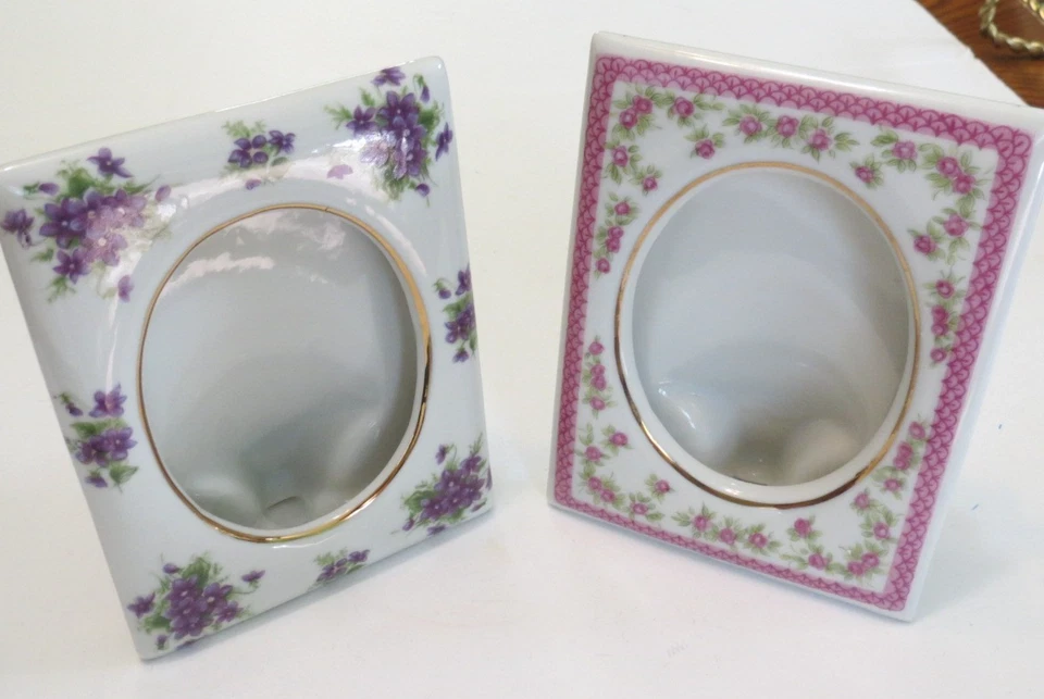 Vintage Lefton Porcelain Frame Violets Rosebuds Gold Trim Set of 2 Japan - Image 2 of 4