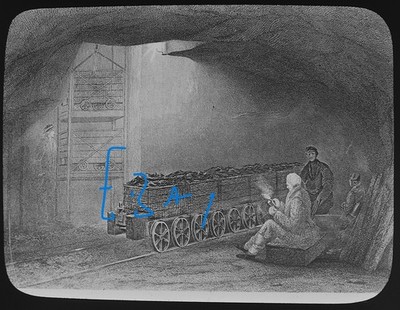 BERGBAUWAGEN IM KOHLEBERGWERK UM 1910 Zauberlaternenschieber KOHLEBERGBAU