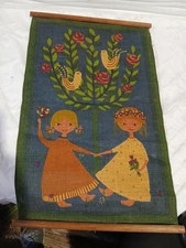 Vintage May Buhler Boy & Girl Hanging  Linen Tapestry Denmark MCM