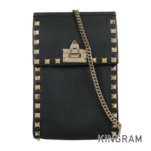 Valentino Garavani Leather Shoulder Bag Unisex Black Used From Japan