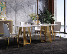 Luxury Dining Table Leather + Stainless Steel Marble Imitation Stone Table Dining 160x90cm