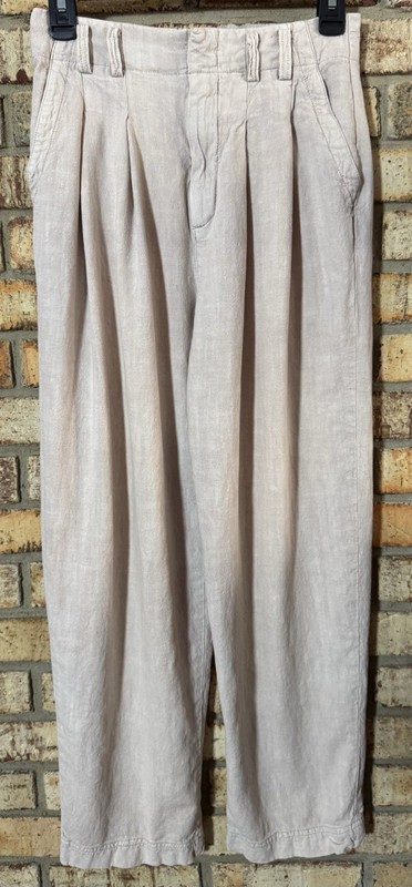 Free People  Women's Beige Linen Blend Pleated Wide-Leg Dress Pants