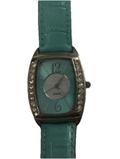 Unbranded Women’s Rectangular Gemmed Silvertone Watch Aqua Dial & Band New Batt 