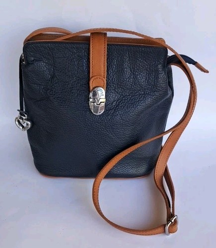 Valentina Italian Tan Black Pebbled Leather Crossbody Purse Bucket Bag Everyday