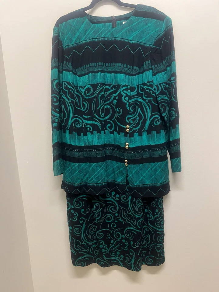 Винтажный 90-х куртка и юбка костюм женщин бирюзовый черный опрятный золотой кнопка размер 18 - Изображение 3 из 4