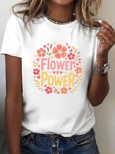 Women Floral Graphic T-Shirt Casual Summer Crew Neck Short Sleeve White Tee Top