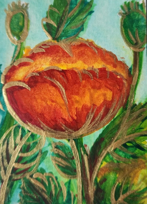 ACEO Original Abstract Mixed Media Painting, Orange Poppy Flower 2.5 x 3.5 in.