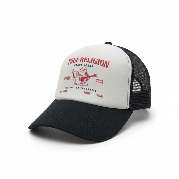 True Religion XXS Petite Womens Girls World Tour Buddha Trucker Hat Black White