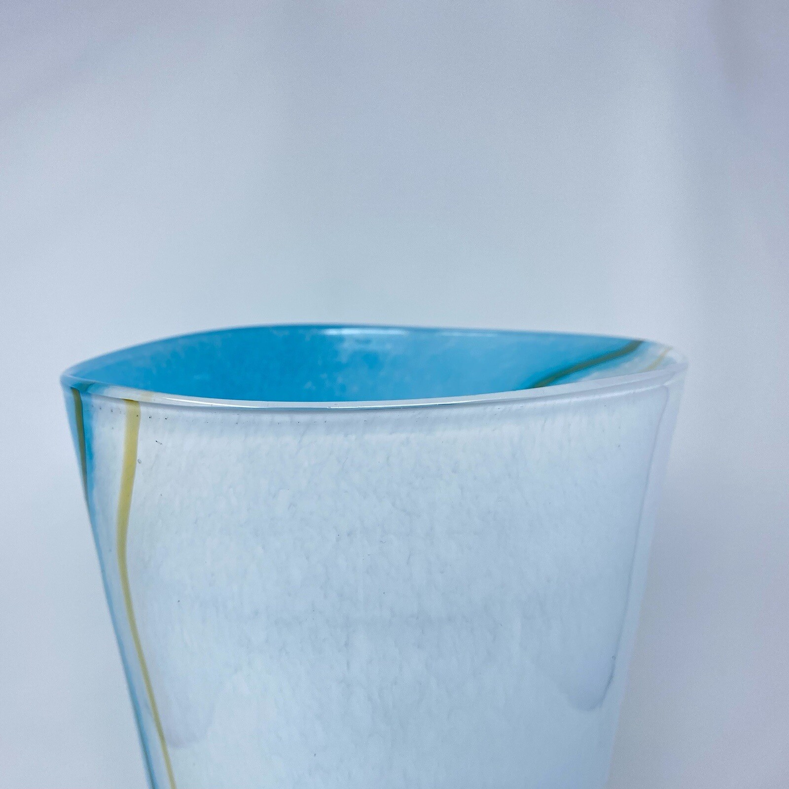 14.5” TALL Art Glass Hand Blown Aqua Turquoise Blue White Stripe Murano